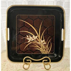 Himark Japanese Black Lacquer Ware Tray Gold RED Floral Square 10" MCM Asian